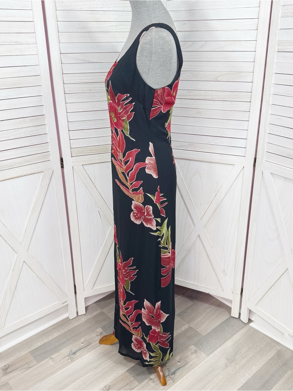 Vntg Y2k Eva Blue Tropical Floral Chiffon Maxi Slip Dress Black Red 10 Fairy - Picture 2 of 12